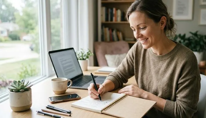 A relaxed entrepreneur checking off a major priority task on a daily to-do list.