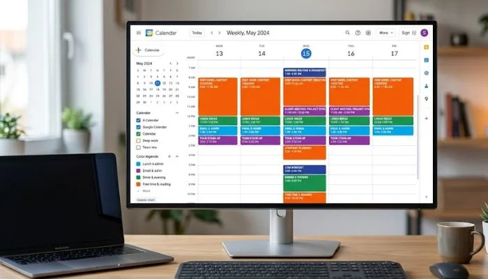 Color-coded time blocking schedule on a Google Calendar dashboard showing organized daily tasks.