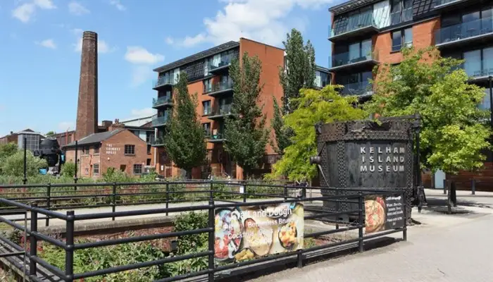 Historic brick architecture and industrial heritage buildings in Kelham Island, Sheffield.
