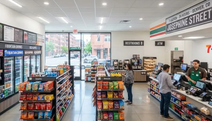 Clean and well-maintained 7-Eleven convenience store interior on Josephine Street in Denver