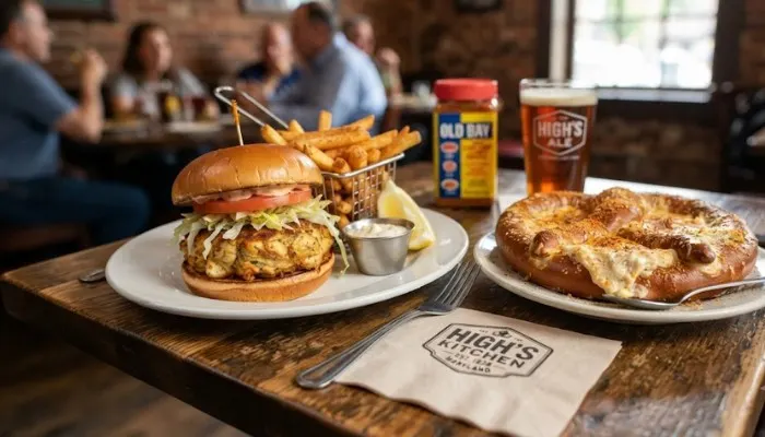Freshly baked Maryland crab cake sandwich and crab pretzel from High's Kitchen