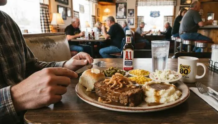 Hearty diner meal with meatloaf and comfort food sides at the Iowa 80 Kitchen in Walcott