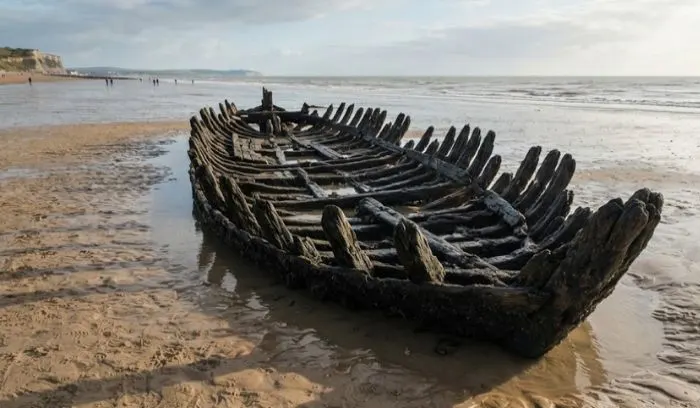 Exposed wooden ribs of the 18th-century Dutch cargo ship Amsterdam emerging from the sand at low tide.
