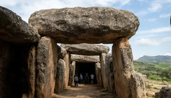 Massive stone capstones resting on upright megaliths at the prehistoric Dolmen of Menga site in Spain.