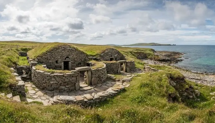 Stone-walled prehistoric stone houses of the Knap of Howar farmstead on Papa Westray island in Orkney, Scotland.