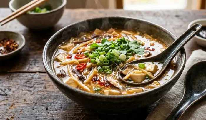 A warm bowl of vegetarian hot and sour soup with tofu, mushrooms, bamboo shoots, and green onions
