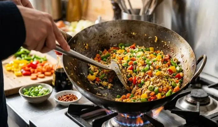 Wok-stirred vegetable fried rice with carrots, peas, capsicum, and fresh spring onions