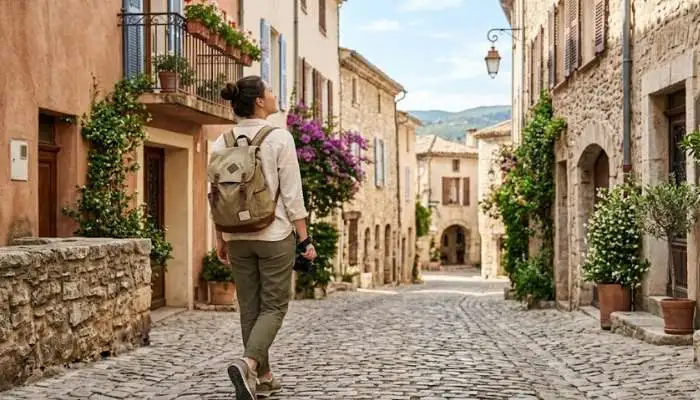 Traveler exploring a quiet scenic street in Europe with a light backpack